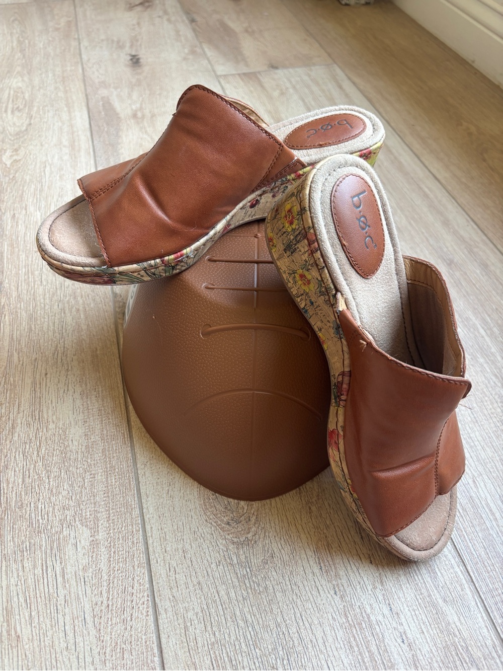 b.o.c. Tan Leather Slip-On Wedge Mules